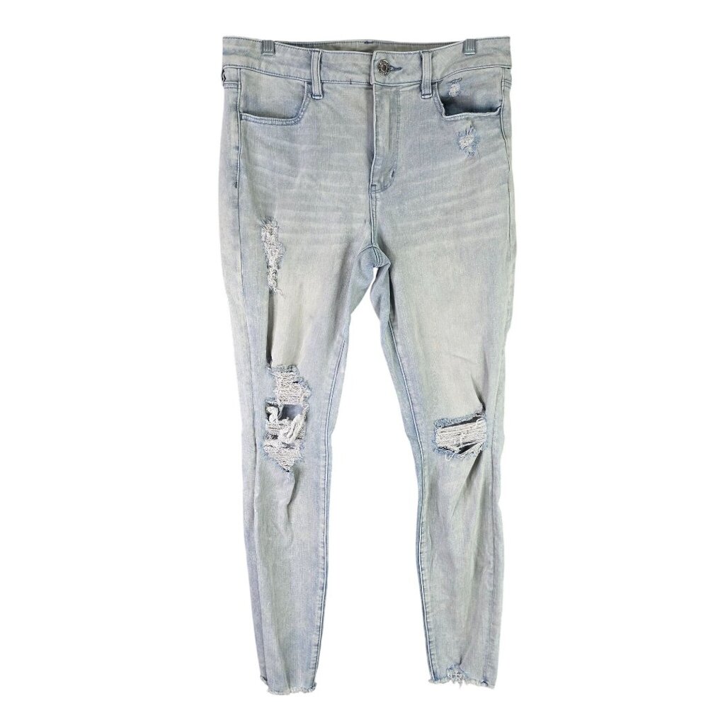 Womens American Eagle Hi-Rise Blue Denim Jegging Distressed Light Wash Size 12